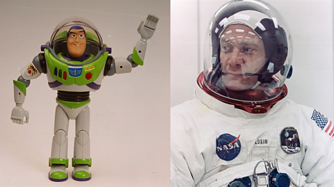 A composite photo of Disney toy Buzz Lightyear, who has a green and white spacesuit with buttons, a purple head covering and a helmet shell, next to astronaut Buzz Aldrin who has a white space suit with an American flag and NASA logo, also wearing a glass helmet shell with a white and black head cover