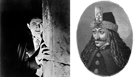 A composite black and white photo of actor Bela Lugosi as Dracula, creeping behind a corner with slicked back black hair, fangs, sharp fingernails and a black clock, next to an black and white illustration of Vlad the Impaler - who has long curly hair, a moustache, a buttoned up clock and a beaded hat 