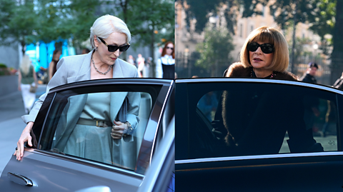 A composite photo of Meryl Streep as Miranda Priestly, in a grey suit jacket and matching skirt with silver hair and big sunglasses getting into a car, next to a photo of Anna Wintour in a fur lined brown coat and big sunglasses with light brown bobbed hair, also getting into a car