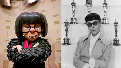 A composite of a character costume of Disney's Edna Mode (with crossed arms, a black fringe and bob, a black ruffled jacket and big circle black glasses) and a black and white photo of fashion legend Edith Head, who stands in front of Oscar trophies wearing a light jacket with a white shirt underneath, big circle black sunglasses and short black hair with a fringe