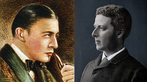 A composite photo of character Sherlock Holmes wearing a brown jacket with a green scarf, a black dickie bow and who has slicked back brown hair and is holding a brown smoking pipe to his lips. In the next photo is Dr Joseph Bell who has a white shirt, dark tie and dark coat and think brown curly hair