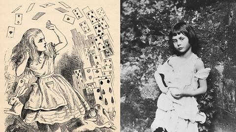 A composite photo of Alice in Wonderland and Alice Liddell. On the left is an Alice in Wonderland illustration showing Alice with long hair and dress attempting to cover herself from being hit by decks of cards flying at her. On the right is Alice Liddell who has short brown hair with a fringe and bob and wears a white dress as she leans against a large rock