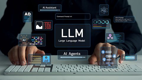 Someone typing on a keyboard with lots of AI icons on the screen.