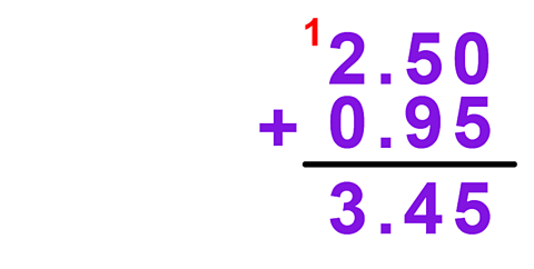 Sum showing 2.50 plus 0.95 equals 3.45 for students studying decimals preparing for the SEAG transfer test