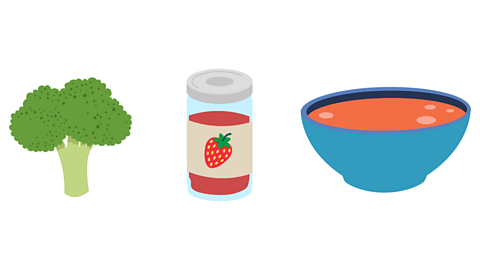 A head of broccoli, a jar of strawberry jam and a bowl of soup.