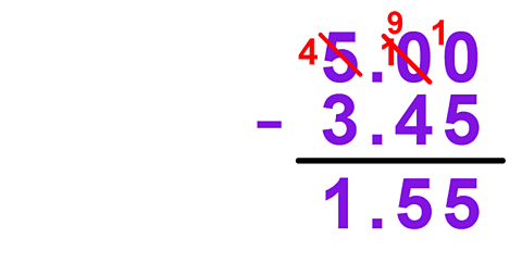 Sum showing how 3.45 is taken from 3.45 to equal 1.55 for pupils preparing for the SEAG transfer test