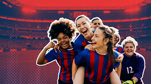 Female football players wearing blue and red striped shirts, celebrating.