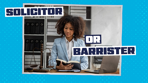 A young legal professional reading a book with text on screen saying solicitor or barrister.