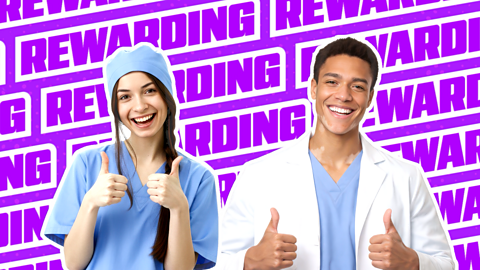 Two medical professionals standing in front of the words 'rewarding'.