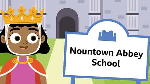 Queen is smiling stood in front of a stone building with the sign Nountown Abbey School