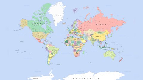 A map of the world with each country labelled by name and colour coded