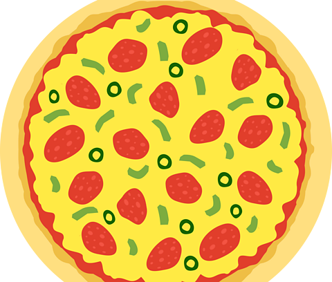 An illustration of a pizza. It has tomato sauce, cheese, pepperoni, chillies and peppers on top.