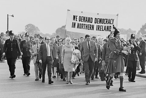 A civil rights march in London to protest for democracy in Northern Ireland.