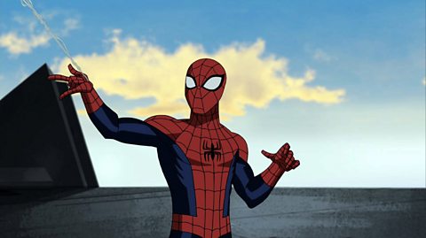 A Marvel Studios animation still of Spider-Man standing on top of a building with a white web coming from his hand. He wears a red and navy superhero suit covered in black web detail with a spider illustration on the chest