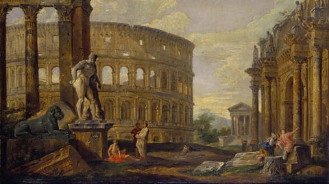 Landscape painting with Hercules and ruins of ancient Rome