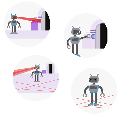 A with laser eyes, another robot standing in laser beams, another using a keypad.