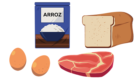 Rice, bread, eggs and meat