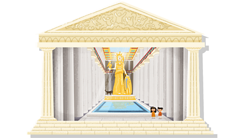 Two illustrated children stand in front of a temple. Inside the temple there is a large statue of a goddess.