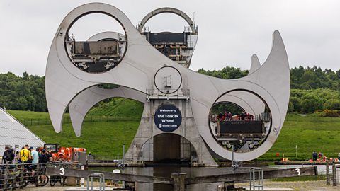 A front on view of the Falkirk Wheel canal lift system