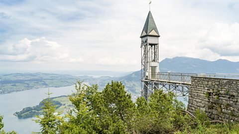 A view of the Hammetschwand Lift tower at the summit, overlooking Lucerne Lake