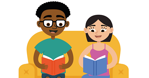 A boy and a girl siting on a yellow sofa reading about comprehension questions for the SEAG transfer test