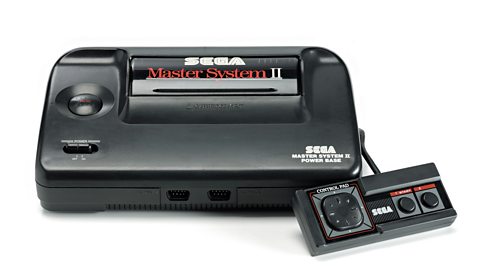 A shot of the Sega Master System II with a controller against a white backdrop