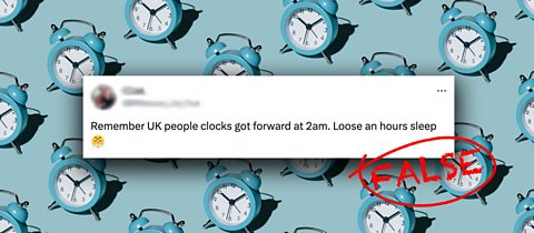Claim 2: The clocks go forward at 2am - FALSE A tweet on a blue background with alarm clocks on it - the tweet says 'Remember UK people, clocks got forward at 2am. Loose an hours sleep'