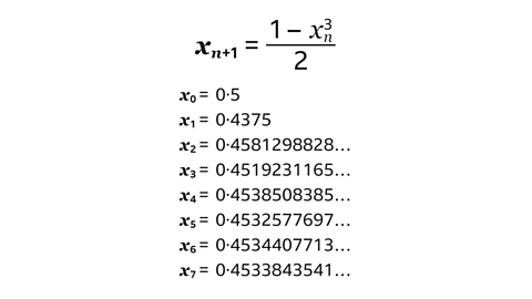 xₙ₊₁ =1 - xₙ³ / 2. 𝑥₀ = 0.5 𝑥₁ = 0.4375. 𝑥₂ = 0.4581298828...𝑥₃ = 0.4519231165....𝑥₄ = 0.4538508385...𝑥₅ = 0.4532577697...𝑥₆ = 0.4534407713... 𝑥₇ = 0.4533843541...