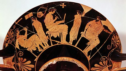 A picture on an old Greek bowl shows several people sitting and playing music.