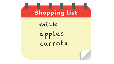 a shopping list with the words milk apples carrots written on