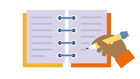 A book with a hand holding a pencil