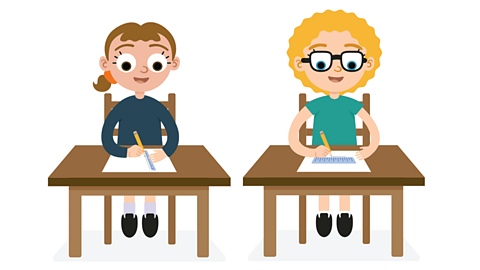 two cartoon children sitting at desks writing