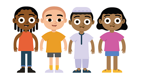 Four cartoon children smiling