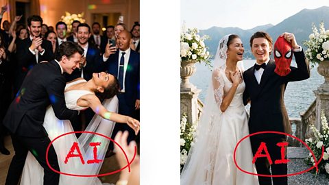Two of the AI generated wedding images that have been shared on social media. In the first, a smiling Tom Holland and Zendaya are seen on the dancefloor as celebrity guests taking photos on their smartphones. The second has a Lake Como background, with Tom holding up a Spider Man mask as Zendaya watches and smiles. In both, Zendaya is wearing a wedding dress and Tom a black suit with a bow tie