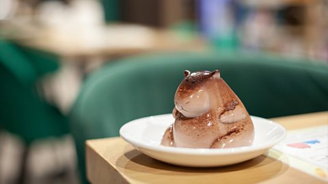 A chocolate brown jiggly jelly-like dessert in the shape of capybara sits on a table in a small white bowl