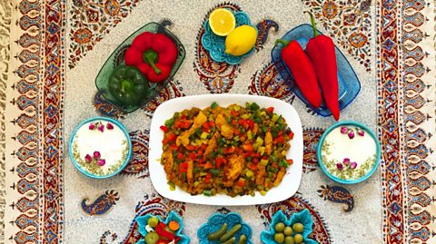 Eating Delicious food in Ramadan (Iftar) - stock photo