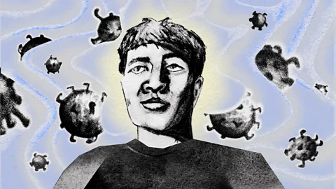 Serenity Strull/ BBC Illustration of man surrounded by pollen spores (Credit: Serenity Strull/BBC)