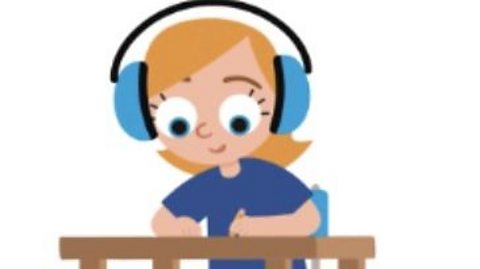 A girl wearing headphones, writing at a desk, where she learns about writer's intention for the SEAG transfer test