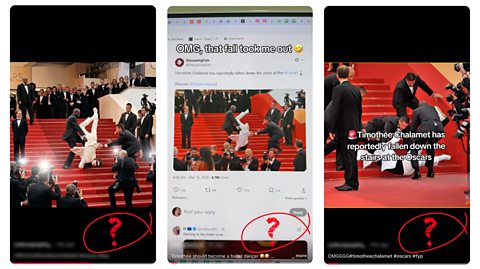 TikTok accounts have shared the photo saying it shows Timothée Chalamet falling down stairs at the Oscars