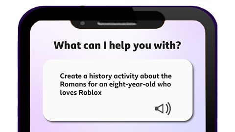 Mobile screen showing an LLM with this prompt: Create a history activity about the Romans for a child who loves Roblox