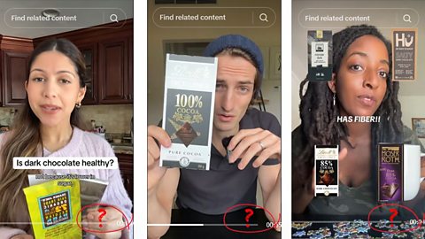 An image showing three TikTok posts discussing the possible health benefits of dark chocolate