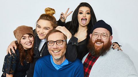 Lena Headey, Florence Pugh, Stephen Merchant, Paige and Nick Frost from 'Fighting With My Family' pose for a portrait