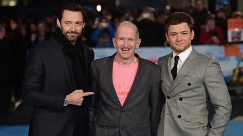 From left to right, Hugh Jackman, Michael 'Eddie' Edwards (aka Eddie the Eagle) and Taron Egerton