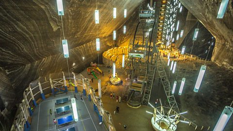 A view of the attractions, including table tennis and a Ferris wheel at Salina Turda