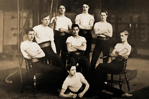Alamy John Galsworthy (far right) with his gym class at Harrow School in the 1880s – he later attended Oxford University (Credit: Alamy)