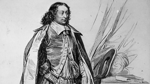 A black and white illustration of French mathematician and physicist Blaise Pascal. He has long curly hair and wears a long caped cloak and long collard shirt