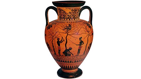 An ancient Greek vase decorated with a painting of people harvesting olives.