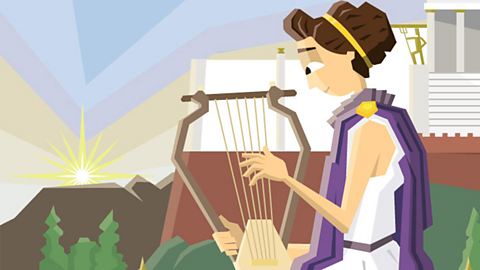 An ancient Greek woman plays a stringed instrument - 6 strings are stretched vertically across a wooden frame.