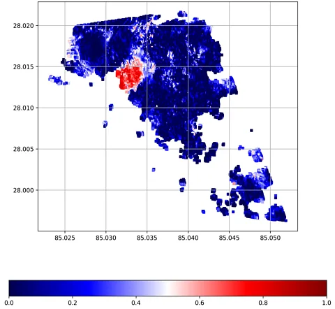 Antoinette Tordesillas The machine learning algorithm highlighted an area on the hillside that was particularly unstable, marked in red, right under Kimtang village (Credit: Antoinette Tordesillas)