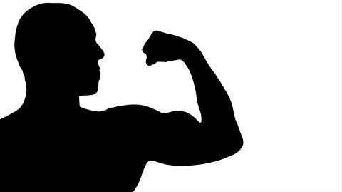 A black silhouette of a man flexing his muscular right arm